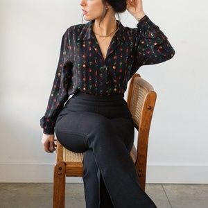 Vintage 90s Long Sleeve Black Blouse Jewel Print